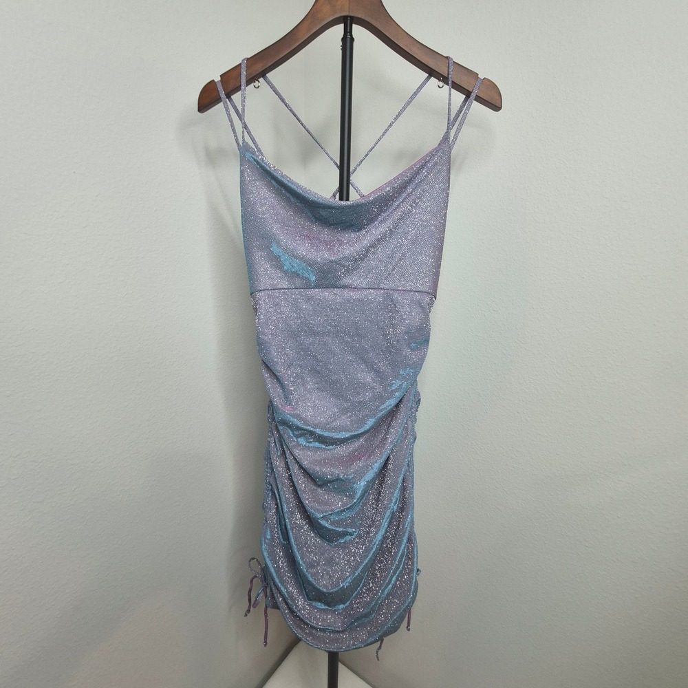 A. Byer Womens Iridescent Shimmer Ruched Cowl Neck Mini Dress Purple Blue‎ Large